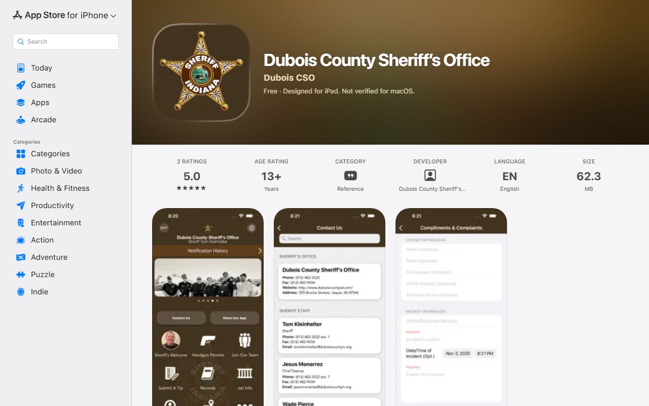 Dubois County Sheriff's Office app current inmate search listing