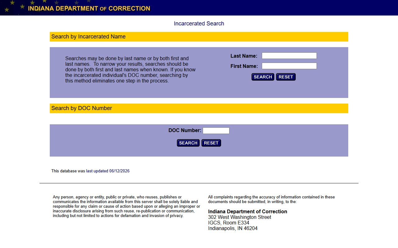 Indiana DOC locator for Dubois County inmate state custody search